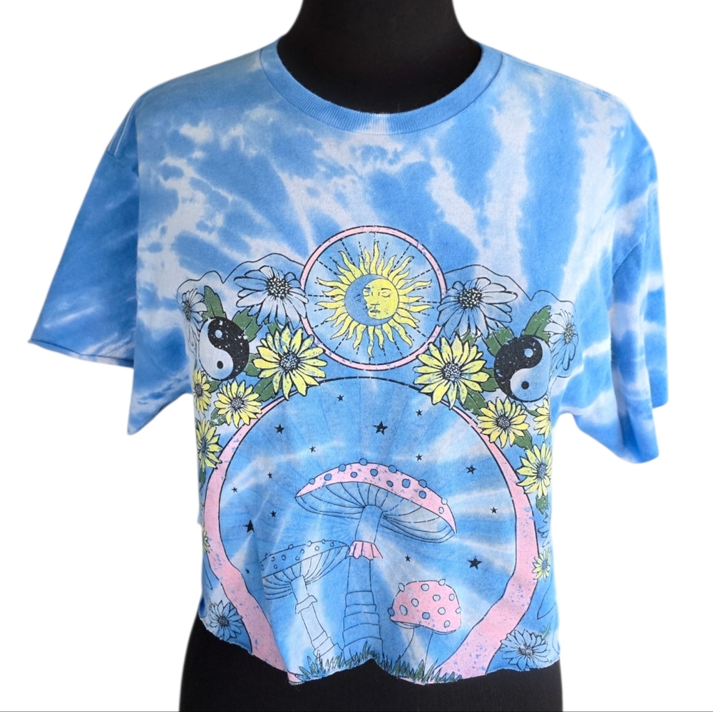 Call Your Mother Boho Boxy Crop Tee Blue Tie-Dye Graphic Tee L Boho T-shirt